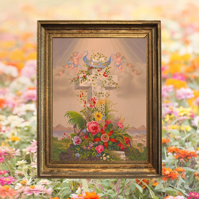 Vintage Religious Floral Cross He is risen Easter Poster (Religious Christian Catholic Faith Hope Charity Floral Cross Christ is risen Easter Poster)