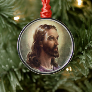 Vintage Religious, Jesus Christ Portrait with Halo Metal Ornament