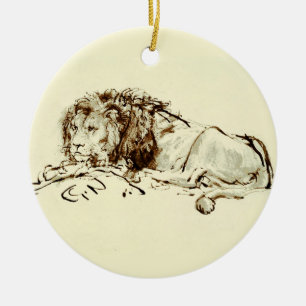 Vintage Rembrandt Ink Sketch of a Lion Ceramic Ornament