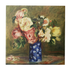 Vintage Renoir Pink Rose Bouquet Blue Vase Art Ceramic Tile