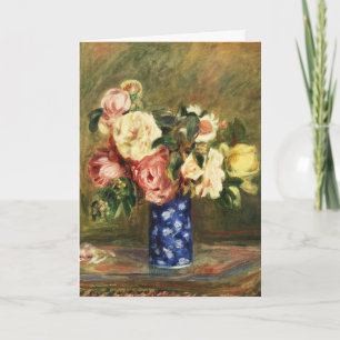 Vintage Renoir Pink Rose Bouquet Blue Vase Art Holiday Card