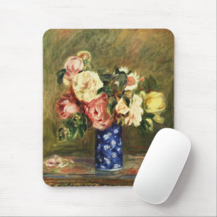 Vintage Renoir Pink Rose Bouquet Blue Vase Art Mouse Pad