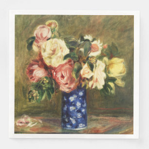 Vintage Renoir Pink Rose Bouquet Blue Vase Art Napkin