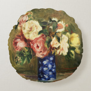 Vintage Renoir Pink Rose Bouquet Blue Vase Art Round Cushion