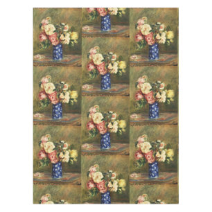 Vintage Renoir Pink Rose Bouquet Blue Vase Art Tablecloth