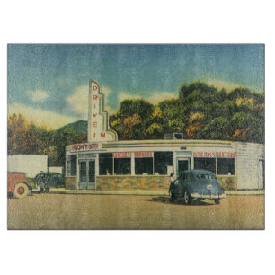 Vintage Restaurant, 50s Drive In Diner and Cars Cutting Board