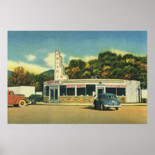 Vintage Restaurant, 50s Drive In Diner and Cars Poster