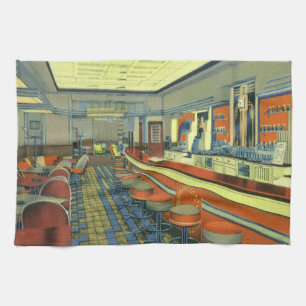 Vintage Restaurant, Retro Roadside Diner Interior Tea Towel