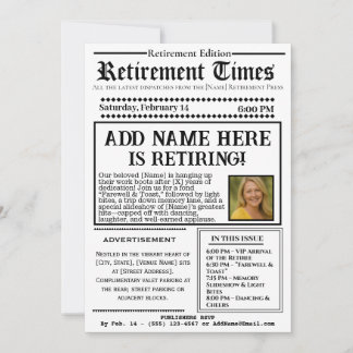 Vintage “Retirement Times” Newspaper Invitation