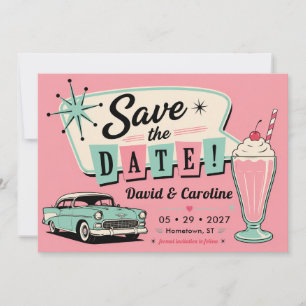 Vintage Retro 1950's Diner Pink Fun Car Wedding Save The Date
