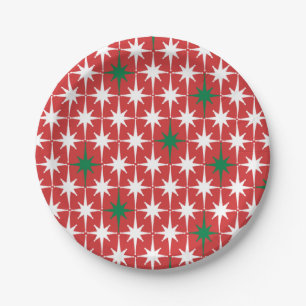 Vintage Retro 50s Christmas Stars Pattern in Red Paper Plate
