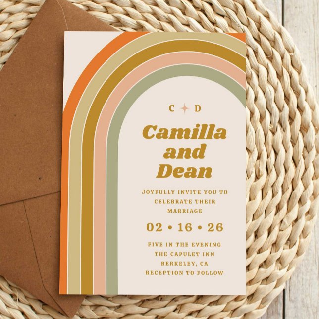 Vintage Retro 70s Arch Wedding Invitation (70s retro rainbow groovy wedding invitation template)
