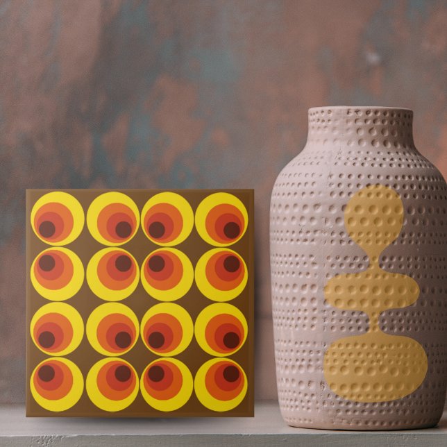 Vintage retro 70s Brown Yellow Orange Circles Ceramic Tile (vintage retro 1970s 1960s circle pattern tiles in brown, yellow and orange)