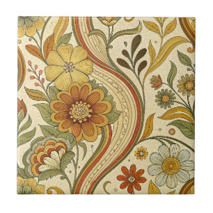 Vintage Retro 70s Flower Power Yellow Floral Art Ceramic Tile