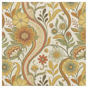 Vintage Retro 70s Flower Power Yellow Floral Art Fabric