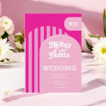 Vintage retro 70s pink arch photo wedding invitation<br><div class="desc">Vintage retro 70s hot pink and pastel pink arch photo wedding featuring colourful pinks striped arch,  and geometric shapes. Add your initials ,  monogram and photo. All the colours are fully editable to match your wedding colour palette. Modern and retro bold fonts.</div>