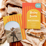 Vintage retro 70s terracotta arch photo wedding invitation<br><div class="desc">Vintage retro 70s burnt orange terracotta arch photo wedding featuring colourful orange,  yellow,  retro groovy teal blue striped arch,  and geometric shapes. Add your initials ,  monogram and photo. All the colours are fully editable to match your wedding colour palette. Modern and retro bold fonts.</div>