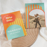 Vintage retro 70s terracotta arch photo wedding save the date<br><div class="desc">Vintage retro 70s burnt orange terracotta arch photo wedding save the date featuring colourful orange,  yellow,  retro teal blue striped arch,  and geometric shapes. Add your photo. All the colours are fully editable to match your wedding colour palette. Modern and retro bold fonts.</div>