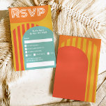 Vintage retro 70s terracotta arch wedding rsvp invitation<br><div class="desc">Vintage retro 70s burnt orange terracotta arch rsvp wedding featuring colourful orange,  yellow,  retro teal blue striped arch,  and geometric shapes. All the colours are fully editable to match your wedding colour palette. Modern and retro bold fonts.</div>