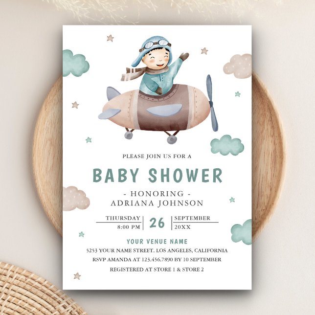 Vintage Retro Aeroplane Cute Pilot Baby Shower Invitation (Creator Uploaded)