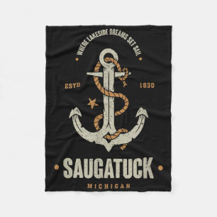 Vintage Retro Anchor Saugatuck Michigan Boating Sa Fleece Blanket