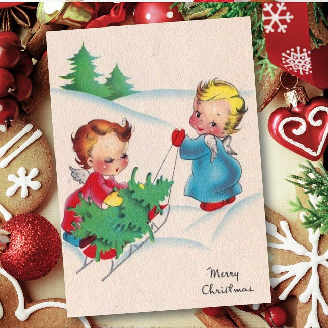 Vintage Retro Angels Pulling Christmas Tree Holiday Card (Creator Uploaded)