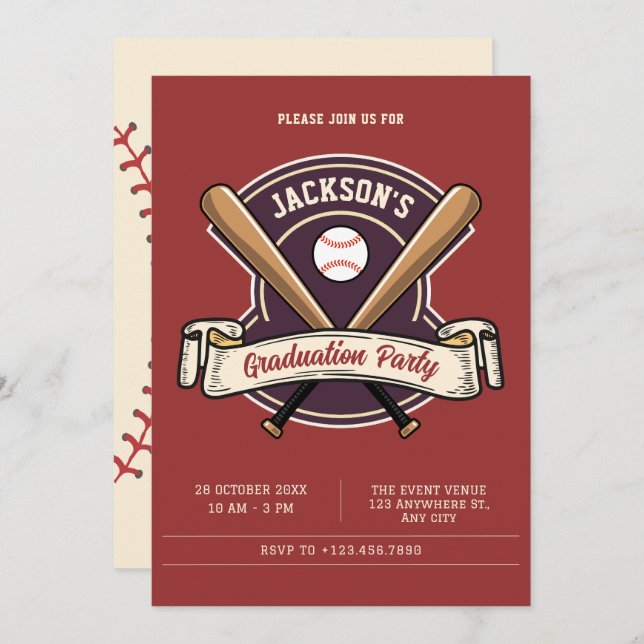 Vintage retro baseball sport graduation invitation (Front/Back)