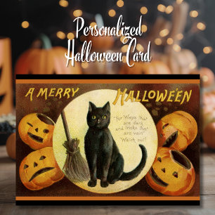 Vintage Retro Black Cat Merry Halloween Custom Holiday Card