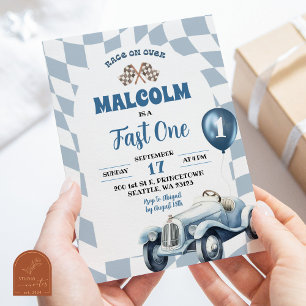 Vintage Retro Blue Race Car Fast One 1st Birthday Invitation