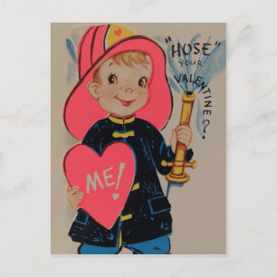 Vintage Retro Boy Fireman Valentine Card