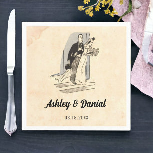 Vintage Retro Bride And Groom Rustic Comic Wedding Napkin