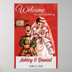 Vintage Retro Bride Groom 50s Old Rustic Wedding Poster
