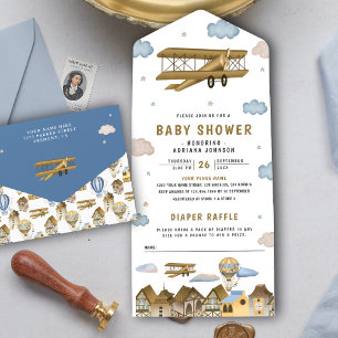 Vintage Retro Brown Aeroplane Baby Shower All In One Invitation