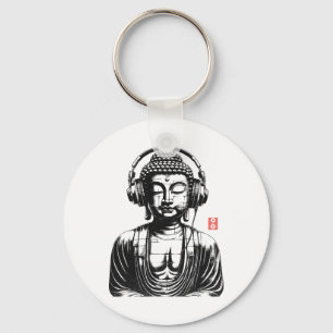 Vintage Retro Buddha Wearing Headphones Key Ring