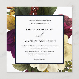 VINTAGE RETRO BURGUNDY FALL YELLOW FLORAL WEDDING INVITATION
