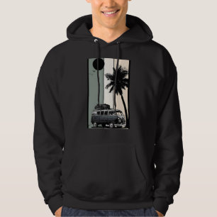 Vintage Retro Camper Van Palm Tree Beach Sunset Gr Hoodie