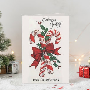 Vintage Retro Candy Cane Christmas Greetings Holiday Card