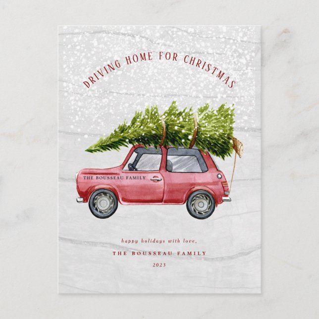 Vintage Retro Car Tree Snow Family Postcard (Front)