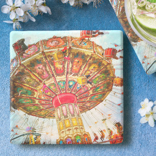 Vintage retro carnival swing ride colourful photo stone coaster