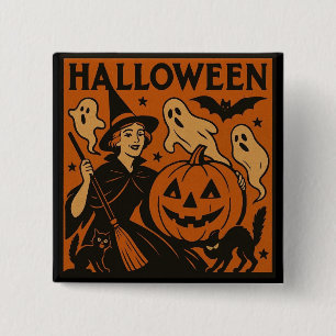 Vintage/retro cat, ghost, pumpkin & witch 15 cm square badge