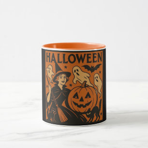 Vintage/retro cat, ghost, pumpkin & witch mug