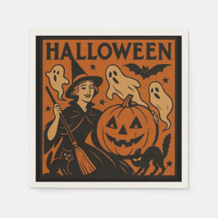 Vintage/retro cat, ghost, pumpkin & witch napkin