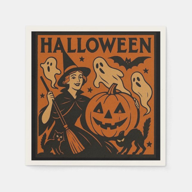 Vintage/retro cat, ghost, pumpkin & witch napkin (Front)