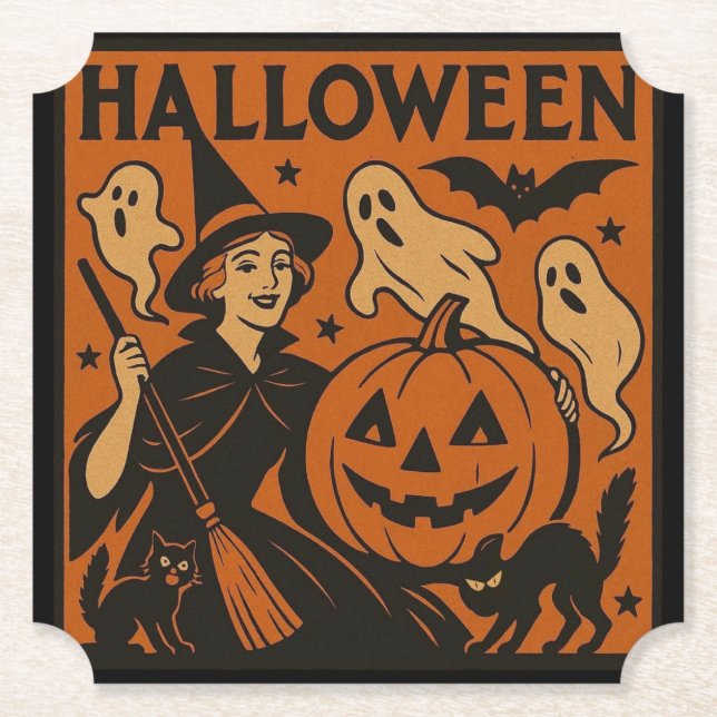 Vintage/retro cat, ghost, pumpkin & witch paper coaster (Front)