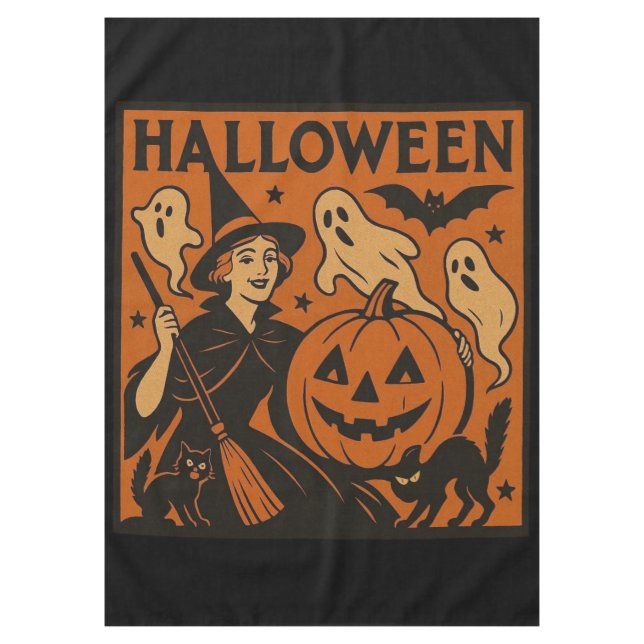 Vintage/retro cat, ghost, pumpkin & witch tablecloth (Front)