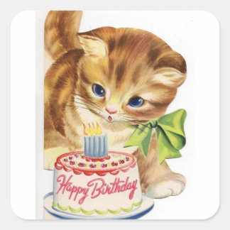 Vintage Retro Cat Kitten Birthday Cake Greeting Square Sticker