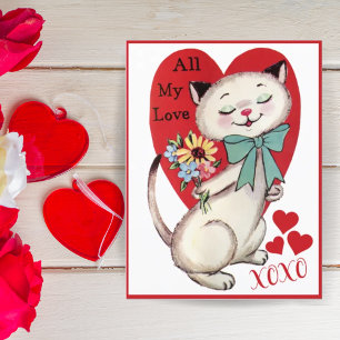 Vintage Retro Cat with Flowers Valentine's Day Holiday Postcard