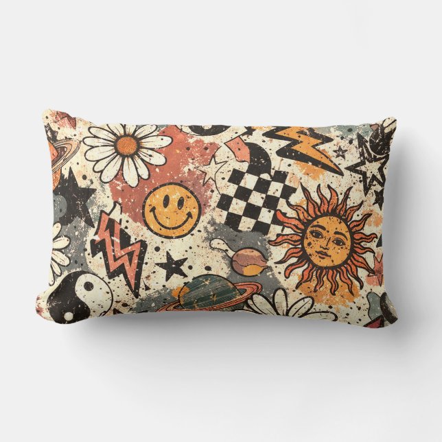 Vintage Retro Celestial Grunge Pattern Lumbar Cushion (Front)