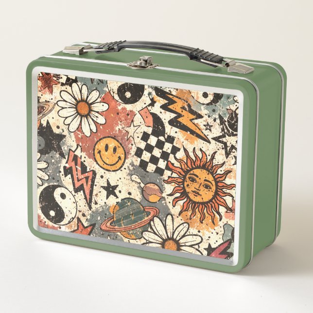 Vintage Retro Celestial Grunge Pattern Metal Lunch Box (Front)