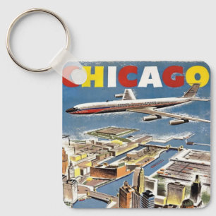 Vintage Retro Chicago travel tourism aeroplane Key Ring